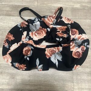 Fashion Nova Black Floral Ruffle Camisole Top with Peach Roses